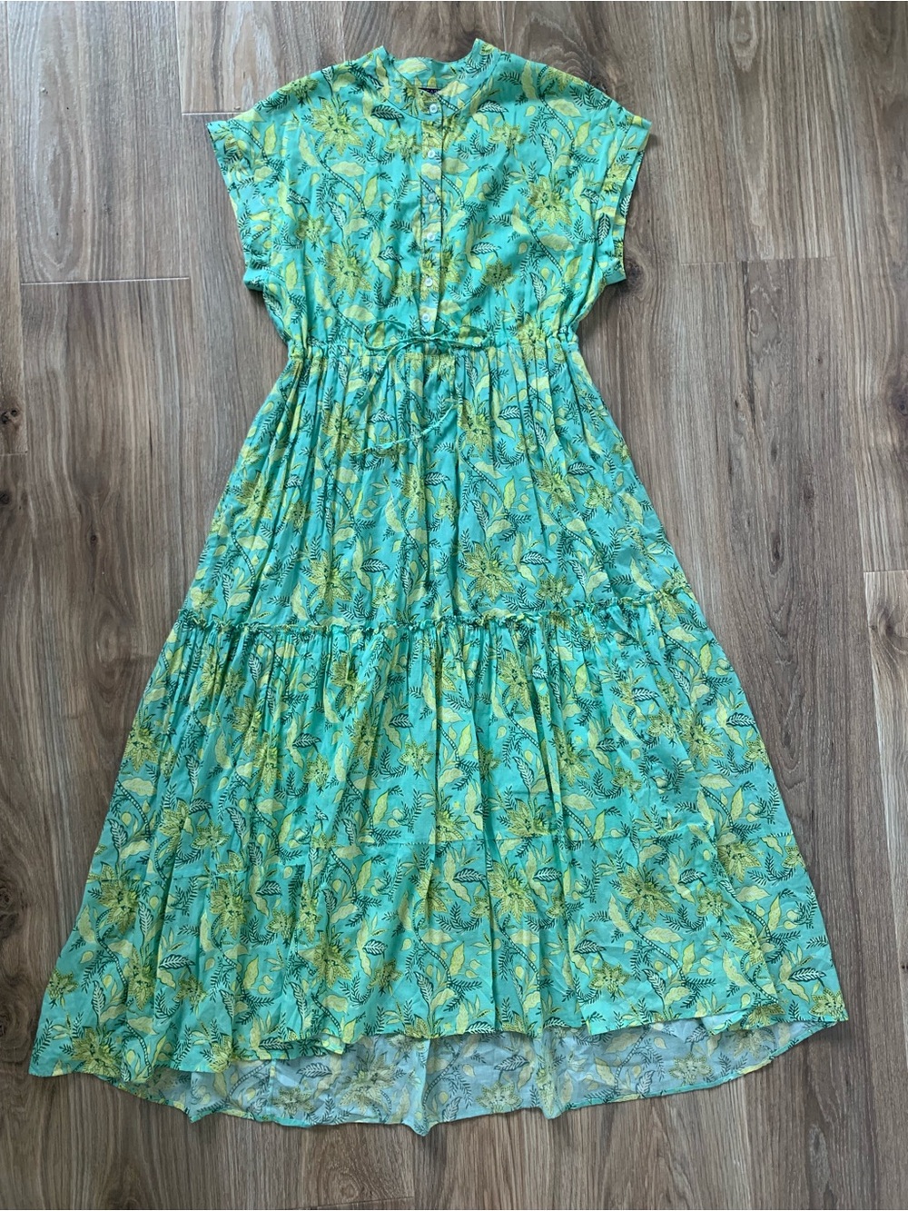 Ro’s Garden Mumi Cotton Midi Dress Women’s M Aqua Green Floral Tiered Boho - Picture 4 of 8